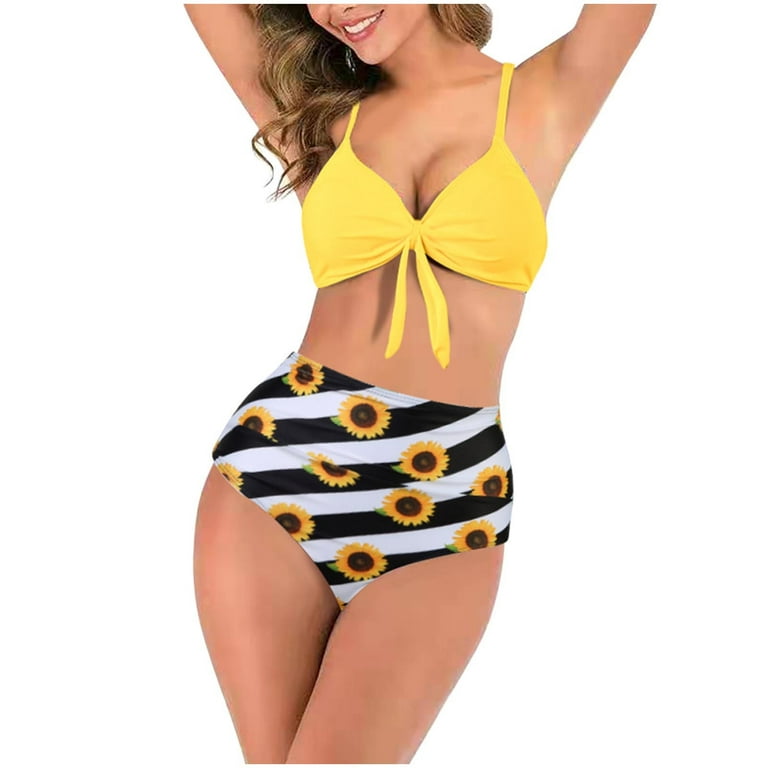 Sunflower Print Bikini Set Swimwear Women Knotted Bikinis Push Up