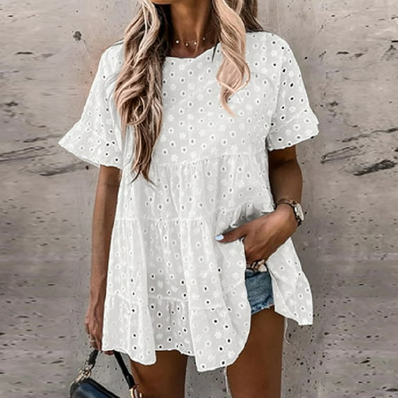 up to 60% off Gifts Usmixi Shirts for Women Beach Sexy Hollow out Loose Ruffle Swing Tunic Tee Tops Summer Trendy Solid Short Sleeve Crewneck Ladies Blouses White XXL