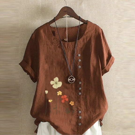 up to 60% off Gifts Usmixi Shirts for Women Breathable Cotton Casual Button Down Loose Plus Size Pullover Tops Summer Trendy Floral Print Short Sleeve Round Neck Ladies Blouses Coffee XL