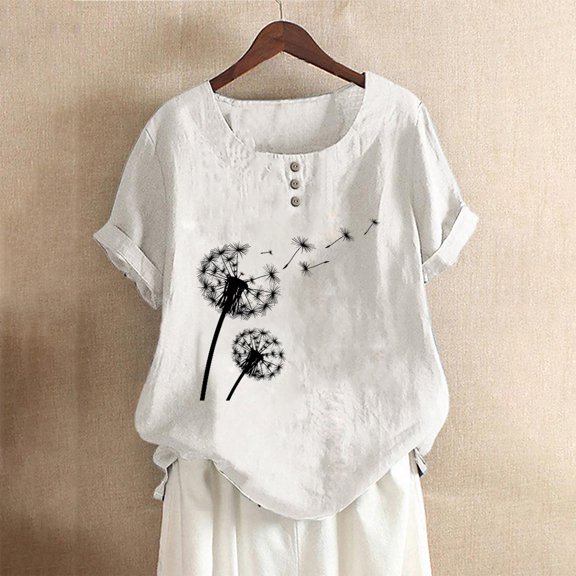up to 60% off Gifts Usmixi Shirts for Women Casual Button up Plus Size Breathable Cotton Linen Tee Tops Summer Trendy Dandelion Print Short Sleeve Crewneck Ladies Blouses White l