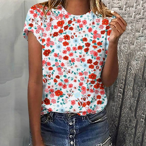 up to 60% off Gifts Usmixi Shirts for Women Casual Loose Fit Lightweight Comfort Tee Tops Summer Trendy Floral Short Sleeve Round Neck Ladies Blouses Pink XL