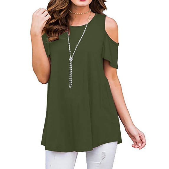 up to 60% off Gifts Usmixi Shirts for Women Comfy Lightweigh Breathable Casual Cold Shoulder Tunic Tops Summer Trendy Solid Short Sleeve Crewneck Ladies Blouses Army Green m