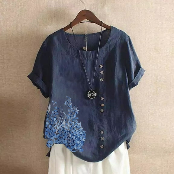 up to 60% off Gifts Usmixi Shirts for Women Fashion Button Down Breathable Cotton Linen Plus Size Tee Tops Summer Trendy Floral Print Short Sleeve Round Neck Ladies Blouses Navy m
