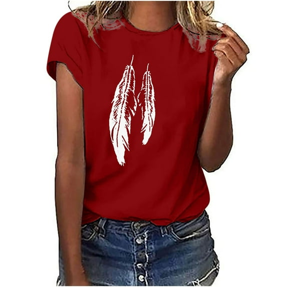 up to 60% off Gifts Usmixi Shirts for Women Fashion Funny Graphics Basic Fit Plus Size Tee Tops Summer Trendy Feather Print Short Sleeve Crewneck Ladies Blouses Red XL