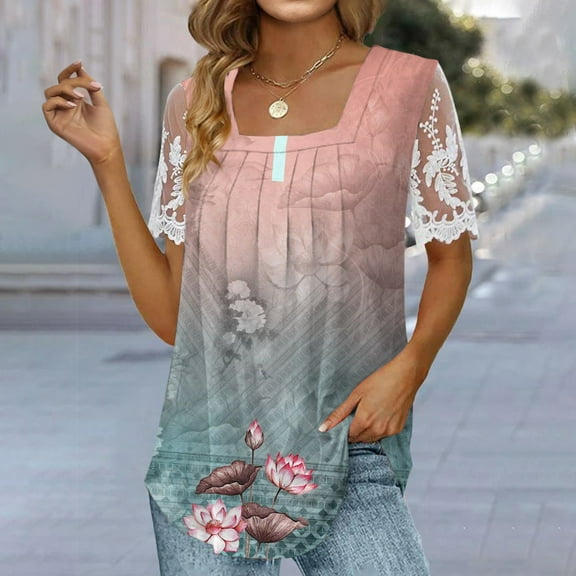 up to 60% off Gifts Usmixi Shirts for Women Fashion Loose Fit Lace Patchwork Pleated Hem Tunic Tops Summer Trendy Floral Short Sleeve Square Neck Ladies Blouses Pink XL