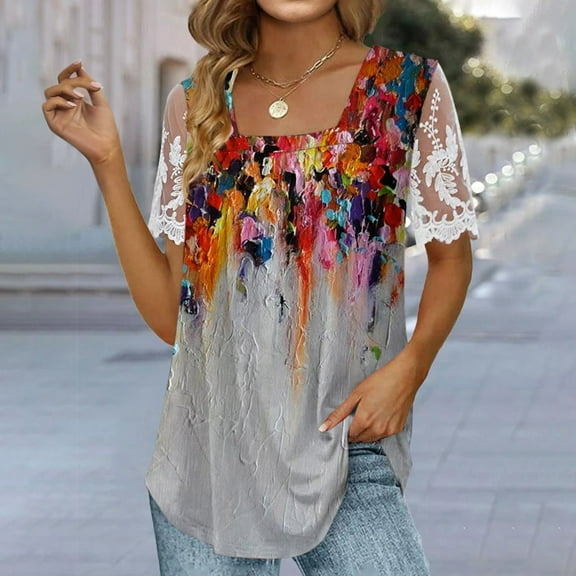 up to 60% off Gifts Usmixi Shirts for Women Fashion Loose Fit Lace Patchwork Pleated Hem Tunic Tops Summer Trendy Floral Short Sleeve Square Neck Ladies Blouses Red m
