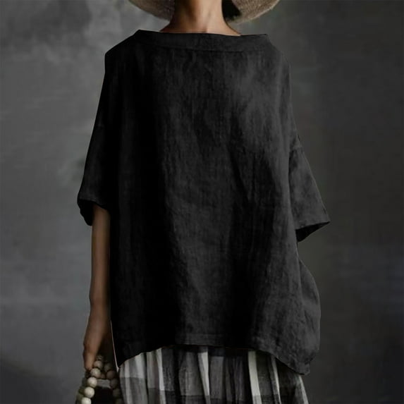 up to 60% off Gifts Usmixi Shirts for Women Plus Size Breathable Cotton Linen Vintage Pullover Tops Tees Summer Trendy Solid Elbow-Length Crewneck Ladies Blouses Black XXXXL