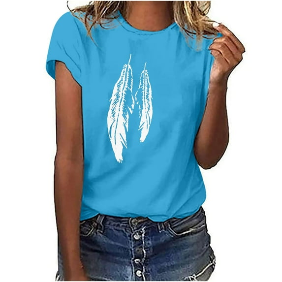 up to 60% off Gifts Usmixi Shirts for Women Plus Size Casual Basic Fit Breathable Tee Tops Summer Trendy Feather Print Short Sleeve Round Neck Ladies Blouses Blue m