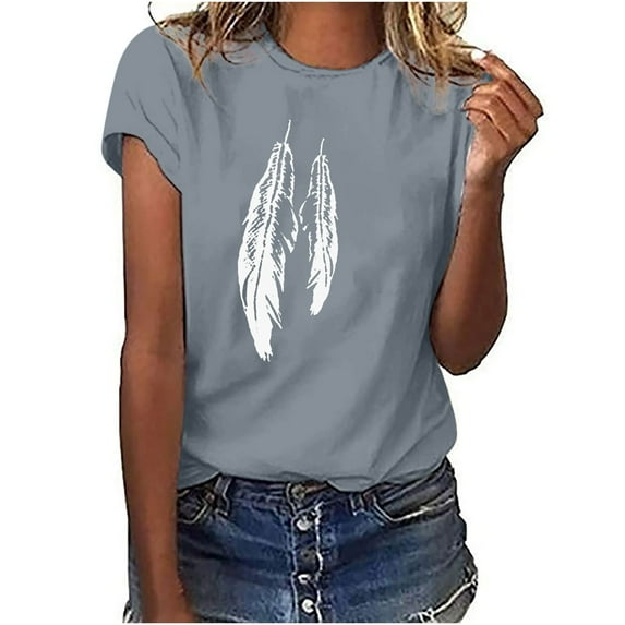 up to 60% off Gifts Usmixi Shirts for Women Plus Size Casual Basic Fit Breathable Tee Tops Summer Trendy Feather Print Short Sleeve Round Neck Ladies Blouses Gray m
