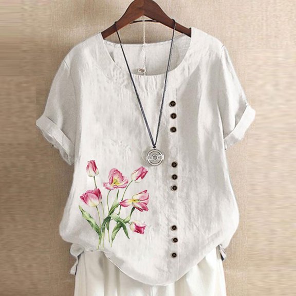 up to 60% off Gifts Usmixi Shirts for Women Plus Size Casual Button Down Breathable Cotton Linen Tops Summer Trendy Flowers Print Short Sleeve Crewneck Ladies Blouses White m