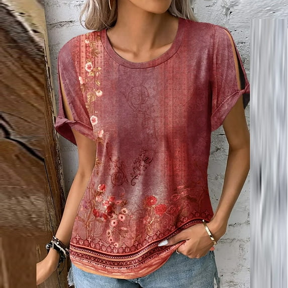 up to 60% off Gifts Usmixi Shirts for Women Plus Size Cold Shoulder Vintage Graphics Tunic Tops Tees Summer Trendy Floral Print Short Sleeve Round Neck Ladies Blouses Red l