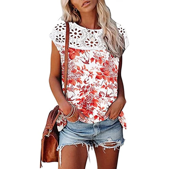 up to 60% off Gifts Usmixi Shirts for Women Sexy Lace Patchwork Hollow out Loose Fit Pleated Hem Tee Tops Summer Trendy Floral Short Sleeve Round Neck Ladies Blouses Orange s