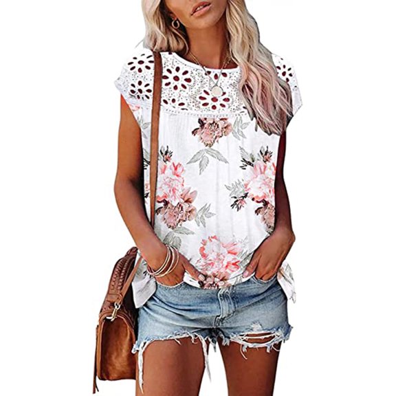 up to 60% off Gifts Usmixi Shirts for Women Sexy Lace Patchwork Hollow out Loose Fit Pleated Hem Tee Tops Summer Trendy Floral Short Sleeve Round Neck Ladies Blouses White m