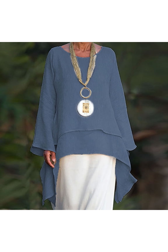 up to 60% off Gifts Usmixi Shirts for Women Vintage Cotton Linen Plus Size Irregular Layer Hem Tunic Tops Summer Trendy Solid Long Sleeve Round Neck Ladies Blouses Blue s