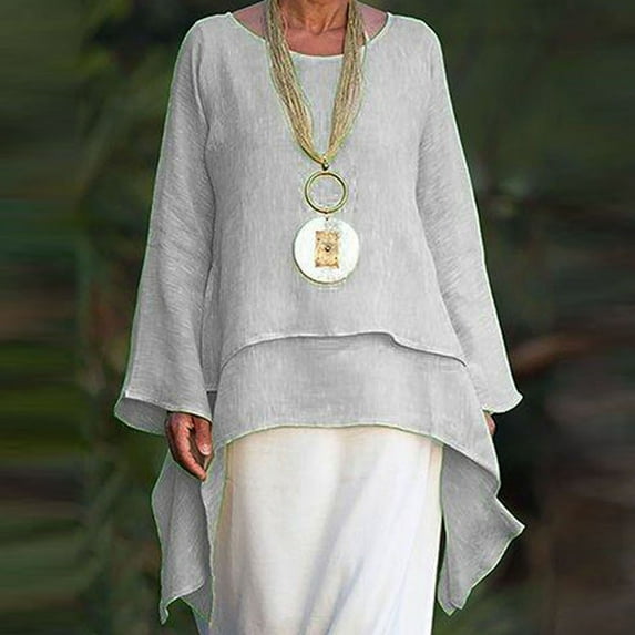up to 60% off Gifts Usmixi Shirts for Women Vintage Cotton Linen Plus Size Irregular Layer Hem Tunic Tops Summer Trendy Solid Long Sleeve Round Neck Ladies Blouses Gray XXXXL