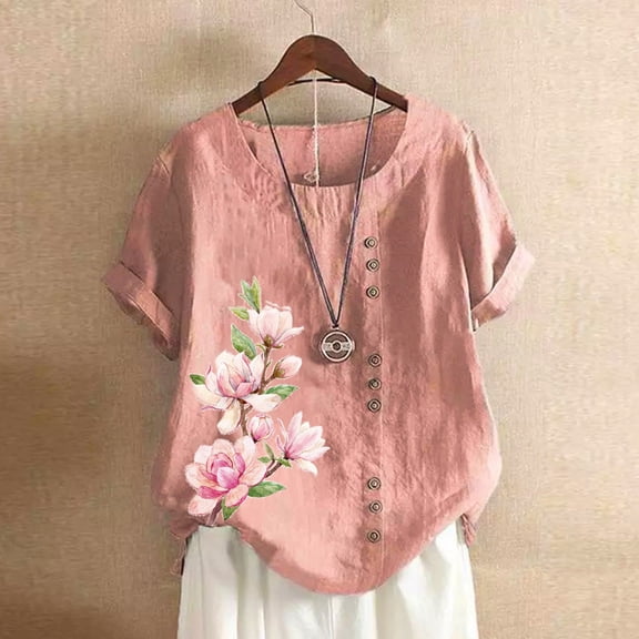 up to 60% off Gifts Usmixi Shirts for Women Vintage Floral Button Down Plus Size Cotton Linen Tee Tops Summer Trendy Flowers Print Short Sleeve Crewneck Ladies Blouses Pink XXXL
