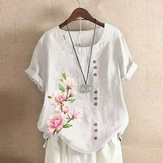 up to 60% off Gifts Usmixi Shirts for Women Vintage Floral Button Down Plus Size Cotton Linen Tee Tops Summer Trendy Flowers Print Short Sleeve Crewneck Ladies Blouses White s