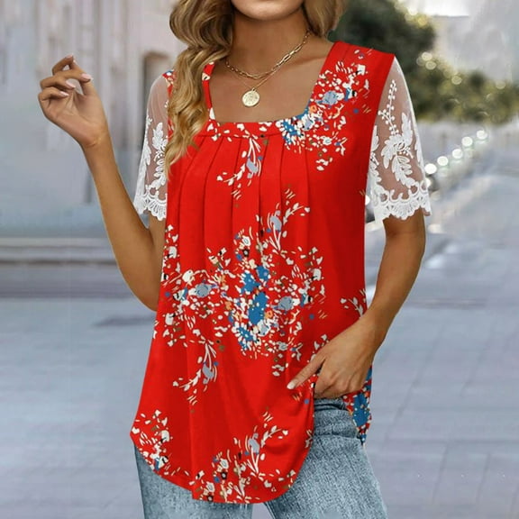 up to 60% off Gifts Usmixi Shirts for Women Vintage Lace Patchwork Pleated Hem Going out Tunic Tee Tops Summer Trendy Floral Print Short Sleeve Square Neck Ladies Blouses Red s