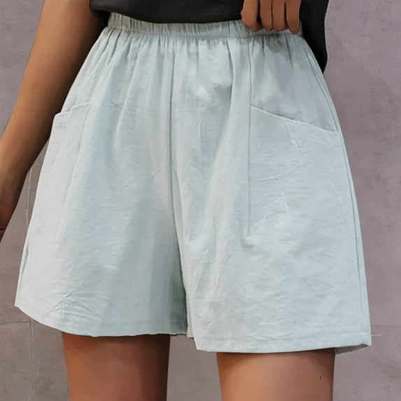 up to 60% off Gifts wycnly Shorts for Women Summer Casual Solid Elastic Waist Loose Straight Short Pants Breathable Cotton Linen Leisure Pocket Shorts Mint Green XXL