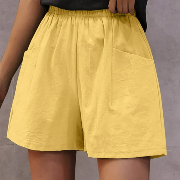 up to 60% off Gifts Usmixi Shorts for Women Summer Casual Solid Elastic Waist Loose Straight Short Pants Breathable Cotton Linen Leisure Pocket Shorts Yellow l