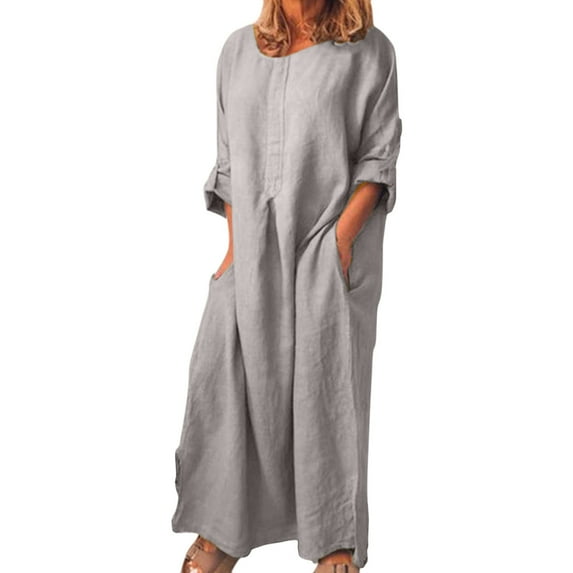 up to 60% off Gifts Usmixi Summer Dresses for Women Casual Loose Pocket Soft Cotton Linen Long Dresses 2023 3/4 Sleeve Round Neck Solid Maxi Formal Dress Gray l