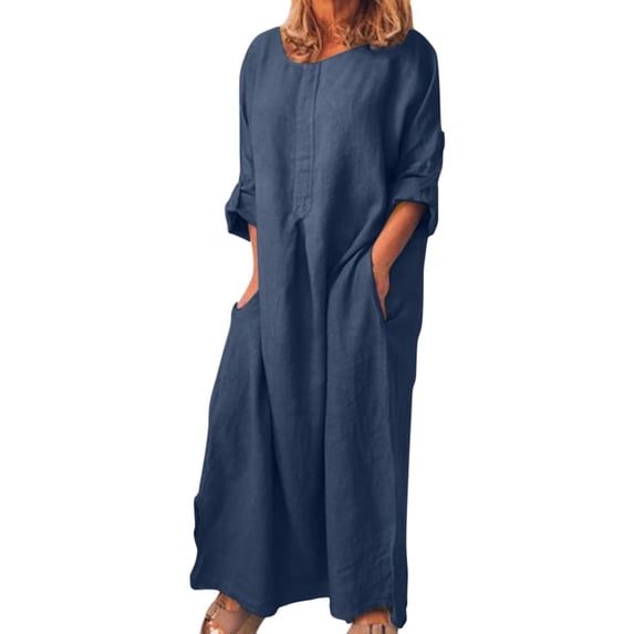 up to 60% off Gifts Usmixi Summer Dresses for Women Casual Loose Pocket Soft Cotton Linen Long Dresses 2023 3/4 Sleeve Round Neck Solid Maxi Formal Dress Navy XXXL