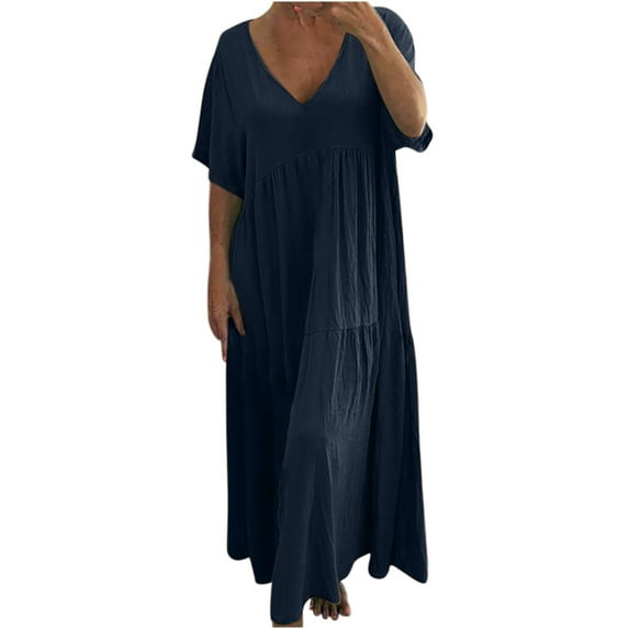 up to 60% off Gifts Usmixi Summer Dresses for Women Casual Plus Size Pleated Swing Linen Loose Maxi Dresses 2023 Short Sleeve V-Neck Solid Long Formal Dress Dark Blue l