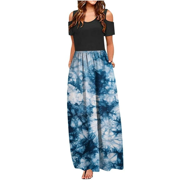 up to 60% off Gifts Usmixi Summer Dresses for Women Empire Waist Smocked Swing Pocket Cold Shoulder Dresses Short Sleeve Crewneck Tie-Dye Maxi Sun Dress Blue S Up to 65% off