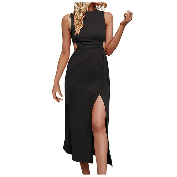 up to 60% off Gifts Usmixi Summer Dresses for Women Party Club Sexy Bodycon Cut out Slit Tank Long Dresses 2023 Sleeveless Round Neck Solid Maxi Formal Dress Black m