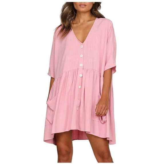 Usmixi Womens Dresses Plus Size Cotton Linen Button Down Pleated Swing Tunic Dresses Fashion Plain V-Neck Short Sleeve Mini Summer Dress Pink l
