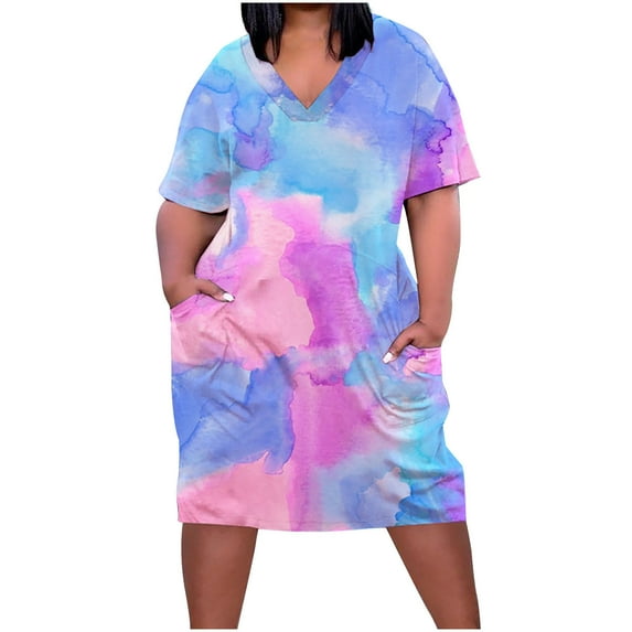 up to 60% off Gifts Usmixi Summer Dresses for Women Plus Size Pocket Swing Hem Tunic Tshirt Knee-Length Sun Dresses Short Sleeve V-Neck Tie-Dye Midi 2023 Casual Dress Multicolor XXXXXL