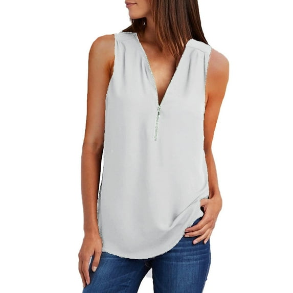 up to 60% off Gifts Usmixi Tank Top for Women Solid V-Neck Sleeveless T Shirts Casual Quarter Zip Lightweight Chiffon Vest Blouses White XXL Clothes