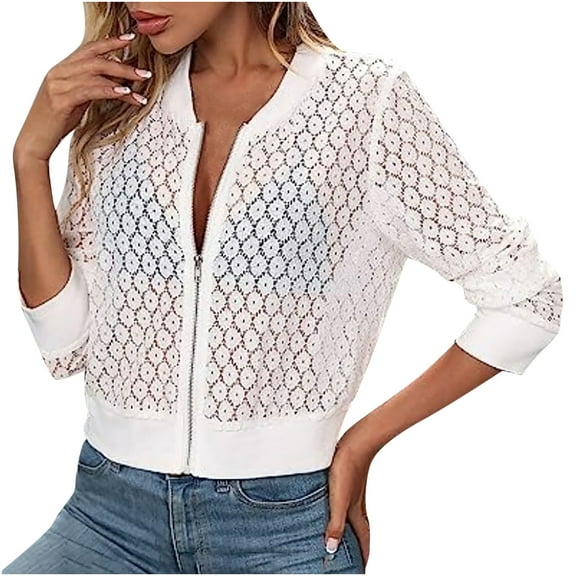 Gifts Usmixi Winter Womens Bomber Jacket Coat for Women Going out Party Club Sexy Lace Hollow out Jacket Fall Lightweight Thin Long Sleeve Stand Neck Zip up Outerwear