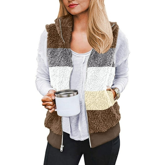 up to 60% off Gifts Usmixi Winter Womens Fleece Vest Plush Jacket for Women Plus Size Fashion Color Patchwork Sleeveless Vest Coat Full Zipper Stand Neck Sherpa Outwear 2023 Fleece Vest