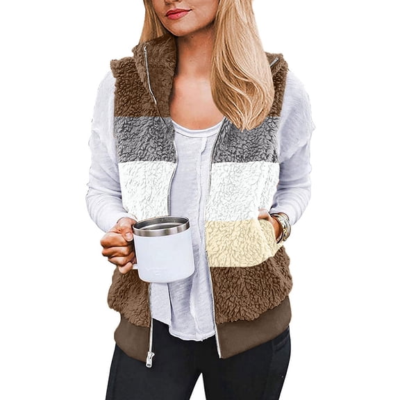 up to 60% off Gifts Usmixi Winter Womens Fleece Vest Plush Jacket for Women Plus Size Fashion Color Patchwork Sleeveless Vest Coat Full Zipper Stand Neck Sherpa Outwear 2023 Fleece Vest