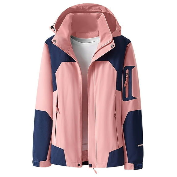 up to 60% off Gifts Usmixi Winter Womens Raincoat Outdoor Rain Jacket for Women Hiking Climbing Lightweight Hooded Windbreaker Coat Fashion Pocket Color Patchwork Zip up Outerwear Up to 65% off