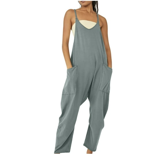 up to 60% off Gifts Usmixi Womens Baggy Jumpsuits Casual Solid Spaghetti Strap Wide Leg Long Rompers V Neck Sleeveless Loose Fashion Maxi Jumpsuits Overalls with Pocket Green xxxl
