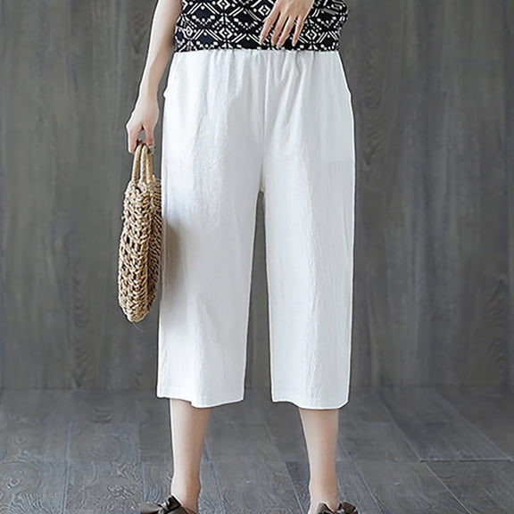up to 60% off Gifts Usmixi Womens Capris Pants Casual Solid Elastic Waist Breathable Cotton Linen 3/4 Trousers Plus Size Loose Straight Cropped Pants with Pockets White XL