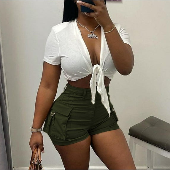 up to 60% off Gifts Usmixi Womens Cargo Shorts Fashion Button High Waist Slim Fit Short Pants Casual Solid Lightweight Straight Shorts with Pocket Army Green l