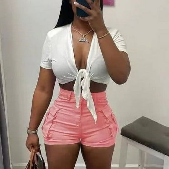 up to 60% off Gifts Usmixi Womens Cargo Shorts Fashion Button High Waist Slim Fit Short Pants Casual Solid Lightweight Straight Shorts with Pocket Pink XL