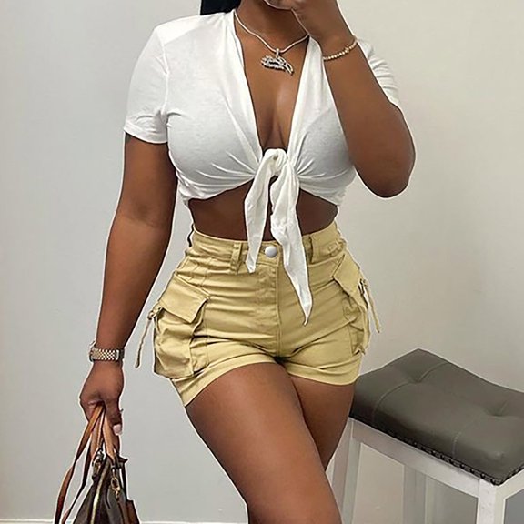 Gifts Usmixi Womens Cargo Shorts Fashion Button High Waist Slim Fit Short Pants Casual Solid Lightweight Straight Shorts with Pocket Khaki s