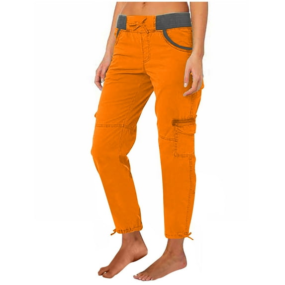 up to 60% off Gifts Usmixi Womens Cargo Trousers Fashion Drawstring High Waist Stretchy Long Pants Plus Size Lightweight Cotton Pants with Pockets Orange m