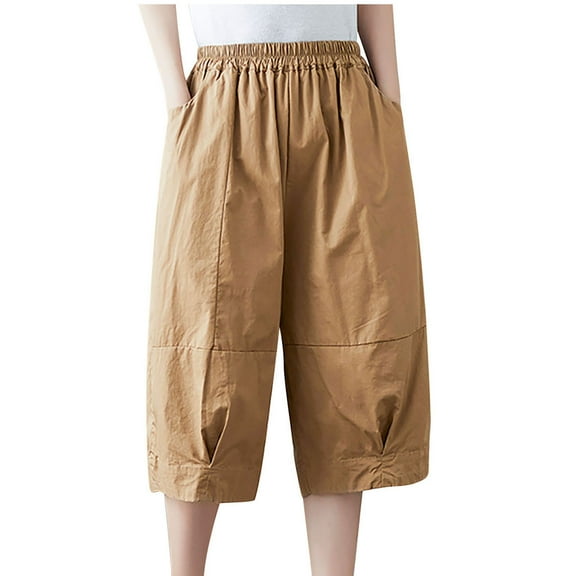 up to 60% off Gifts Usmixi Womens Casual Cropped Pants Summer Elastic Waist Loose Straight Half Trousers Soft Cotton Linen Solid Leisure Wear Pants with Pocket Khaki l