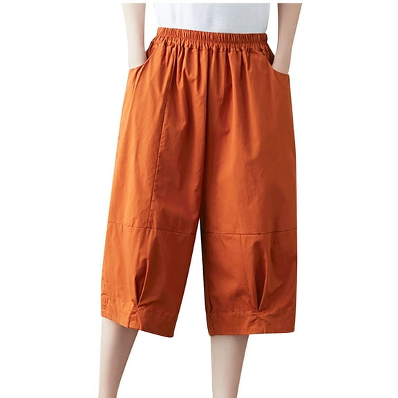 up to 60% off Gifts Usmixi Womens Casual Cropped Pants Summer Elastic Waist Loose Straight Half Trousers Soft Cotton Linen Solid Leisure Wear Pants with Pocket Orange XXL