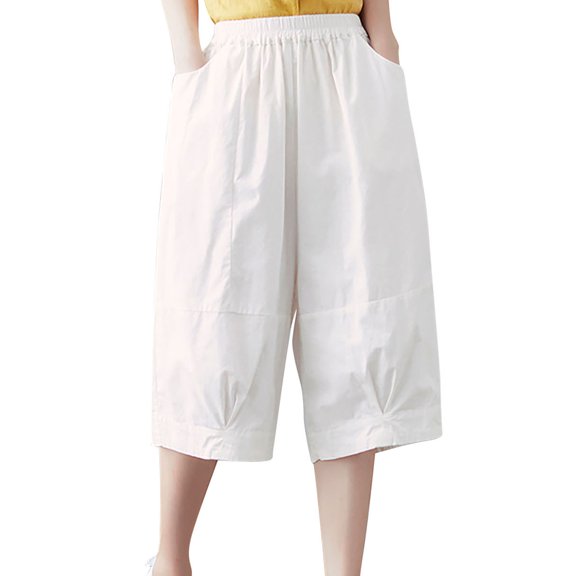 up to 60% off Gifts Usmixi Womens Casual Cropped Pants Summer Elastic Waist Loose Straight Half Trousers Soft Cotton Linen Solid Leisure Wear Pants with Pocket White l