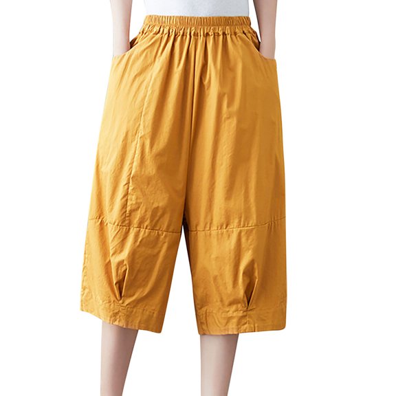 up to 60% off Gifts Usmixi Womens Casual Cropped Pants Summer Elastic Waist Loose Straight Half Trousers Soft Cotton Linen Solid Leisure Wear Pants with Pocket Yellow m