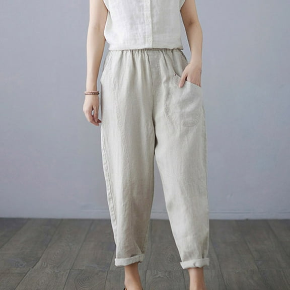 up to 60% off Gifts Usmixi Womens Casual Trousers Breathable Cotton Linen Elastic Waist Cropped Pants Leisure Solid Loose Straight Pants with Pocket White XL