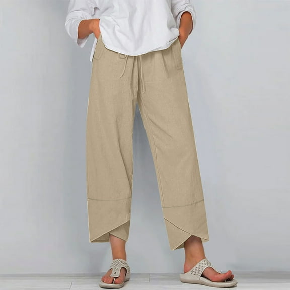 up to 60% off Gifts Usmixi Womens Casual Trousers Comfy Cotton Linen Drawstring Elastic Waist Straight Long Pants Solid Irregular Plus Size Leisure Wear Pants Beige s