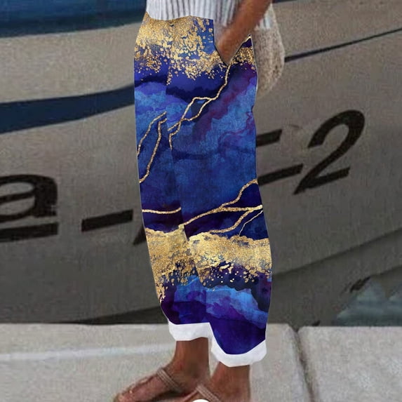 up to 60% off Gifts Usmixi Womens Cotton Linen Pants Summer Vintage Floral Plus Size Straight Trousers Comfy Breathable Cotton Linen Pocket Long Pants Blue XXXL