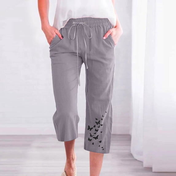 up to 60% off Gifts Usmixi Womens Cropped Pants Summer Drawstring Elastic Waist Cotton Linen 3/4 Trousers Fashion Butterfly Print Pocket Loose Pants Gray l